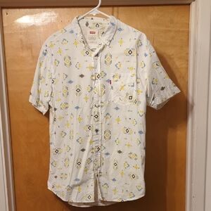 Levi's Men's Casual White Shirt with Yellow and Blue Pattern